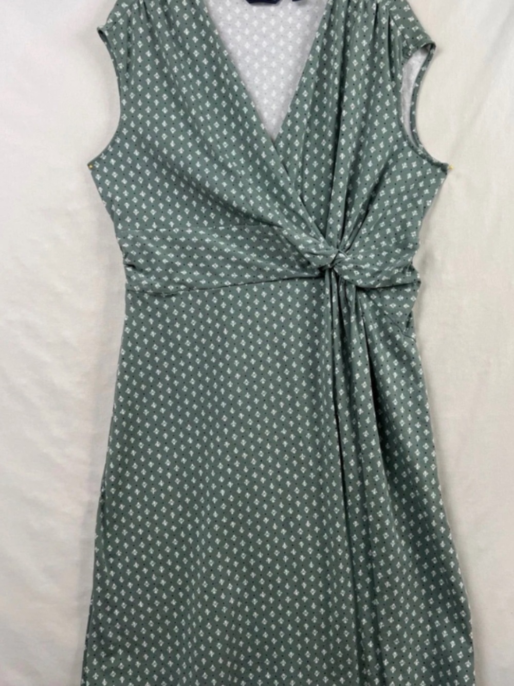 Lands' End Sage Green Sleeveless Knot-Detail Mini Dress with White Print